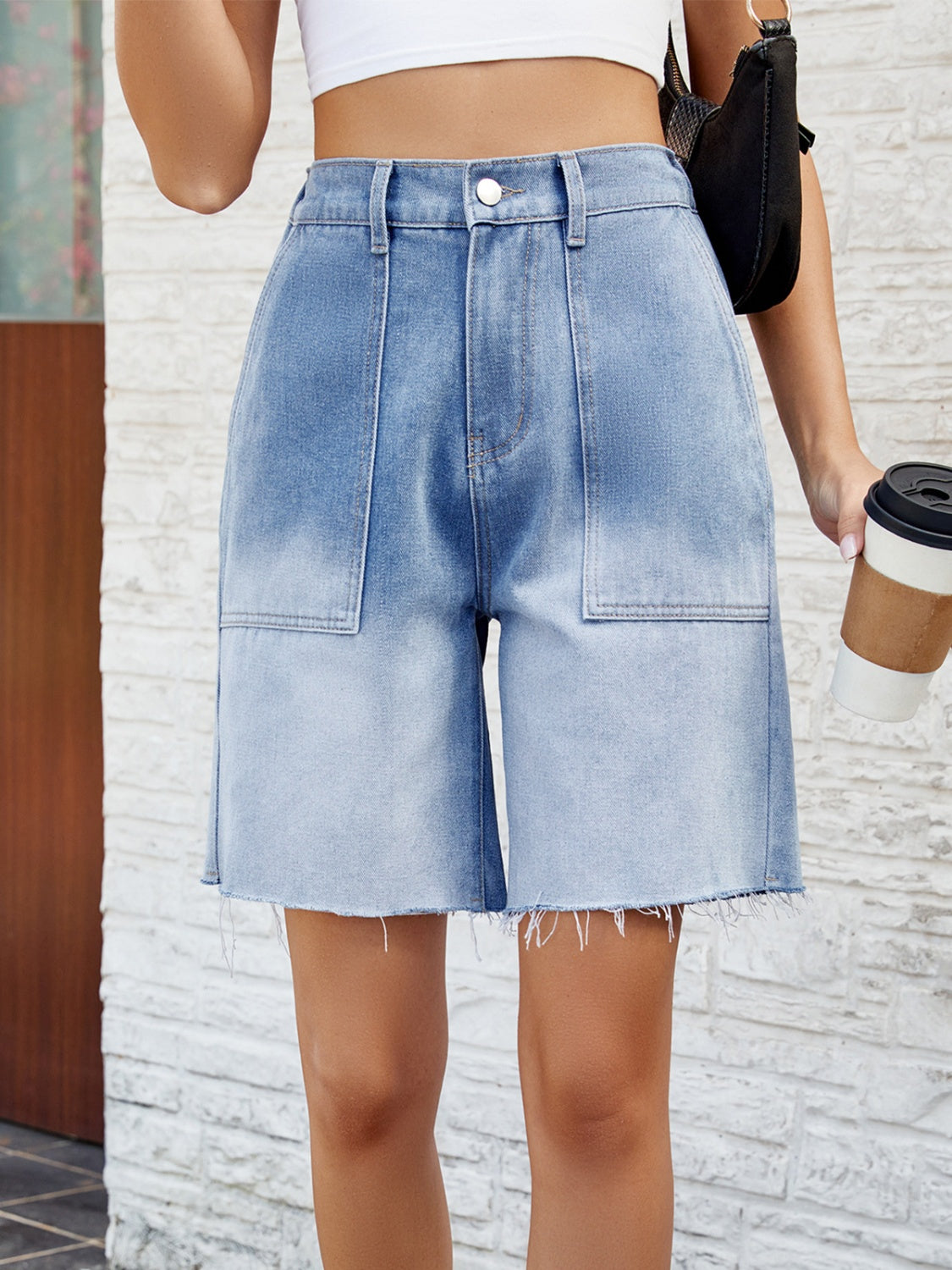 Buttoned Raw Hem Denim Shorts with Pockets - FASHIONNOUVELLE