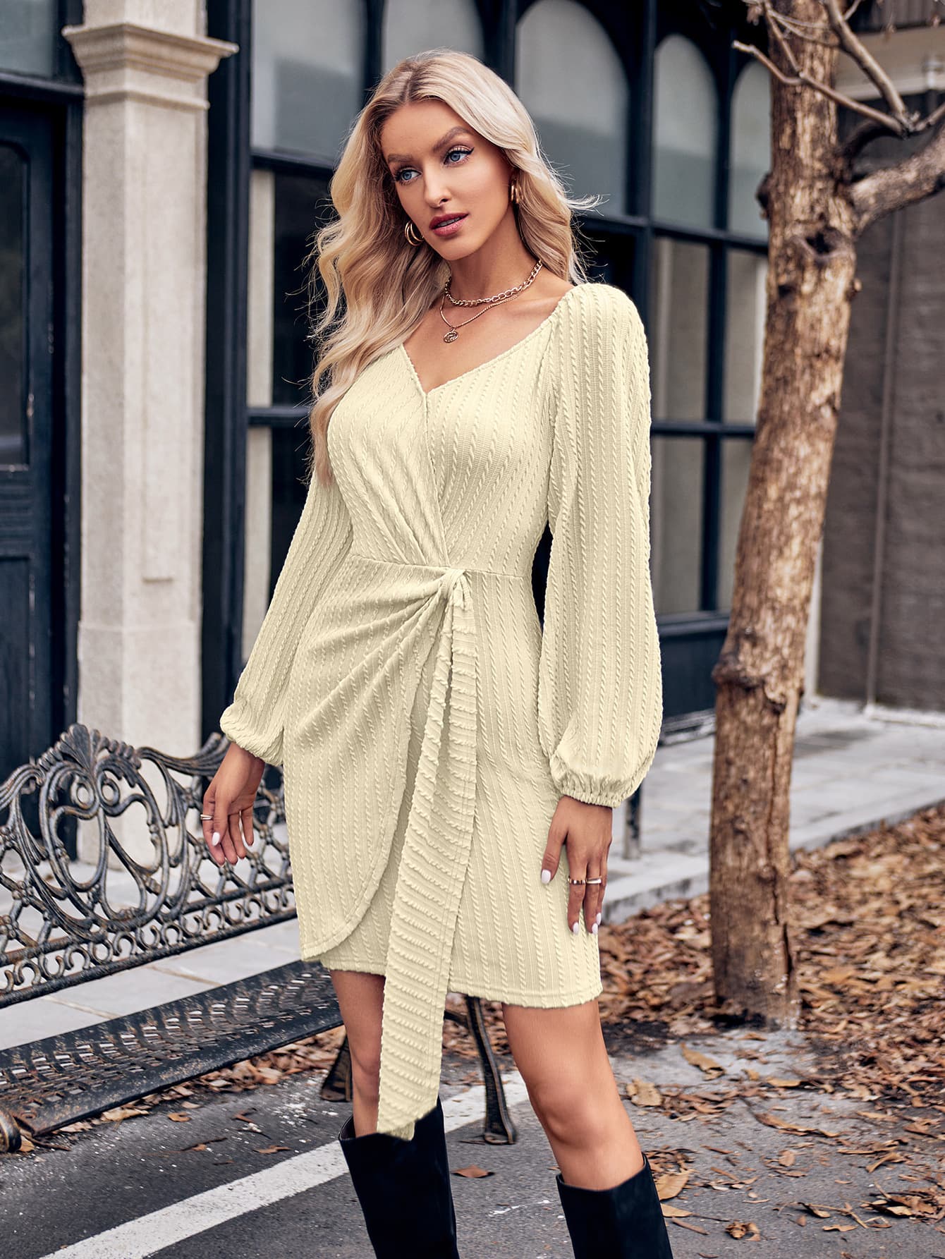 Asymmetrical Surplice Puff Sleeve Mini Dress - FASHIONNOUVELLE