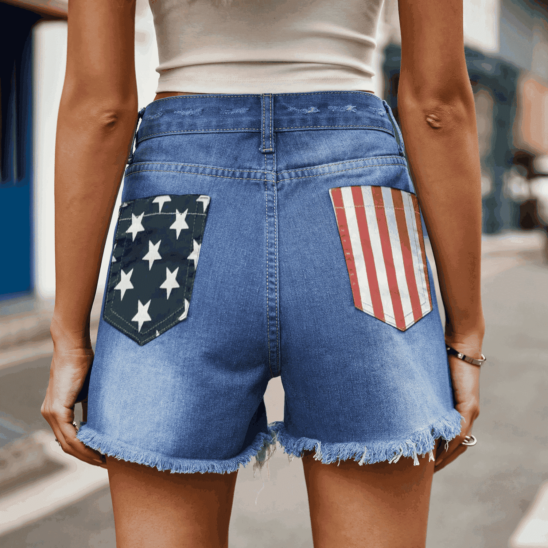 US Flag Distressed Denim Shorts - FASHIONNOUVELLE