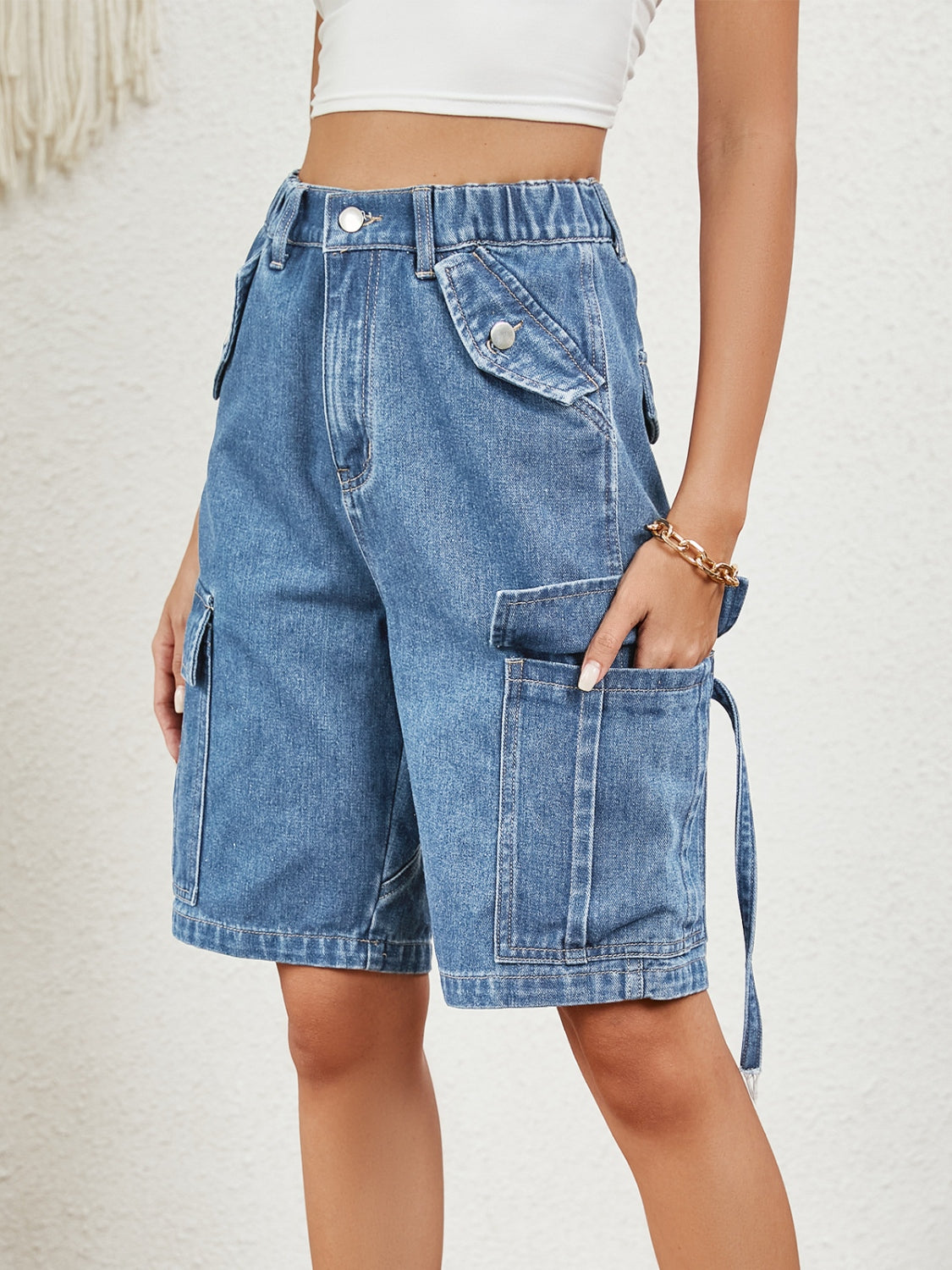 Buttoned Elastic Waist Denim Shorts with Pockets - FASHIONNOUVELLE