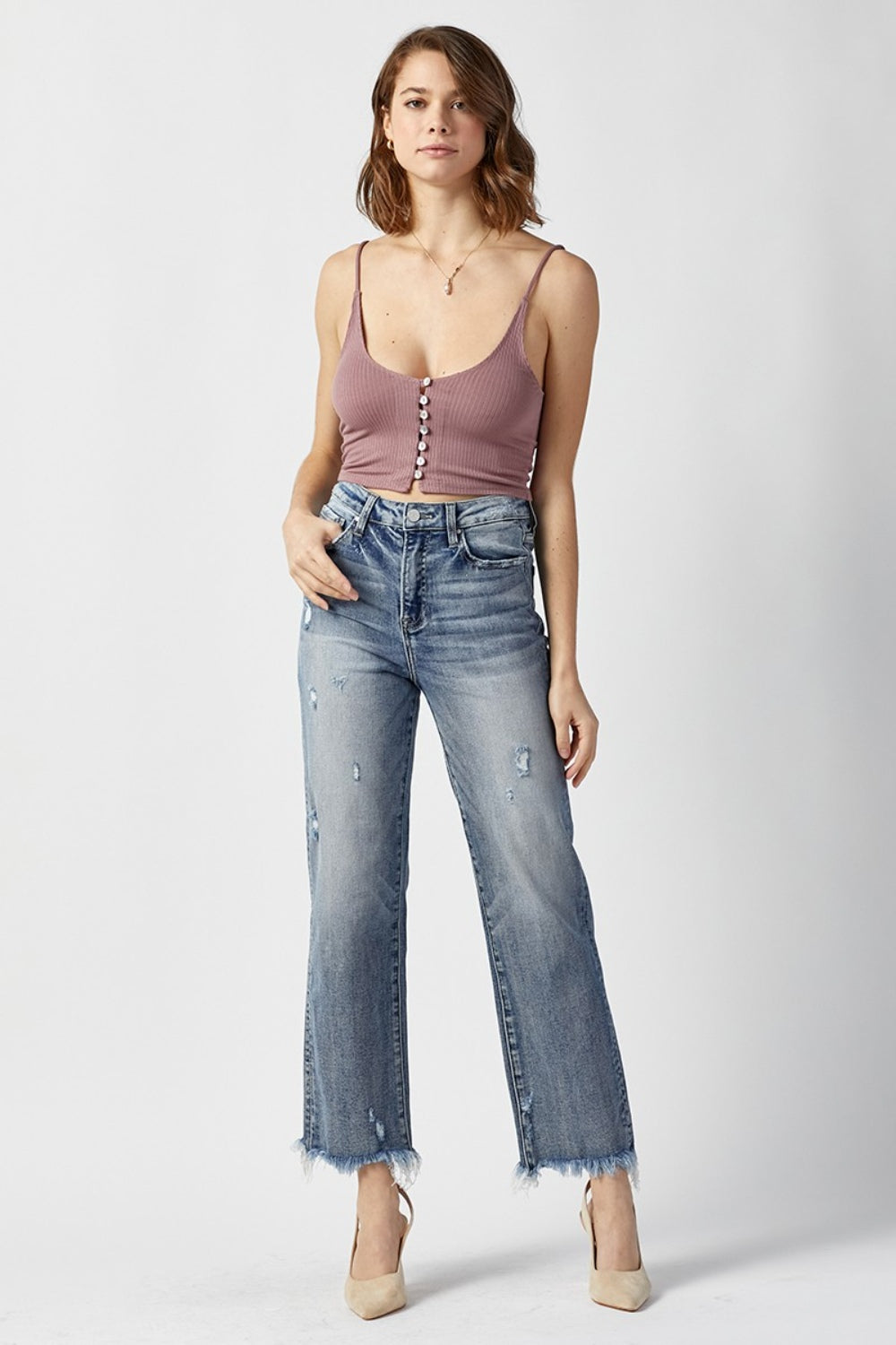 RISEN High Waist Raw Hem Straight Jeans - FASHIONNOUVELLE