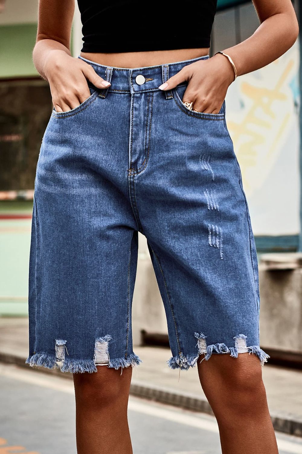 Raw Hem High Waist Denim Shorts with Pockets - FASHIONNOUVELLE