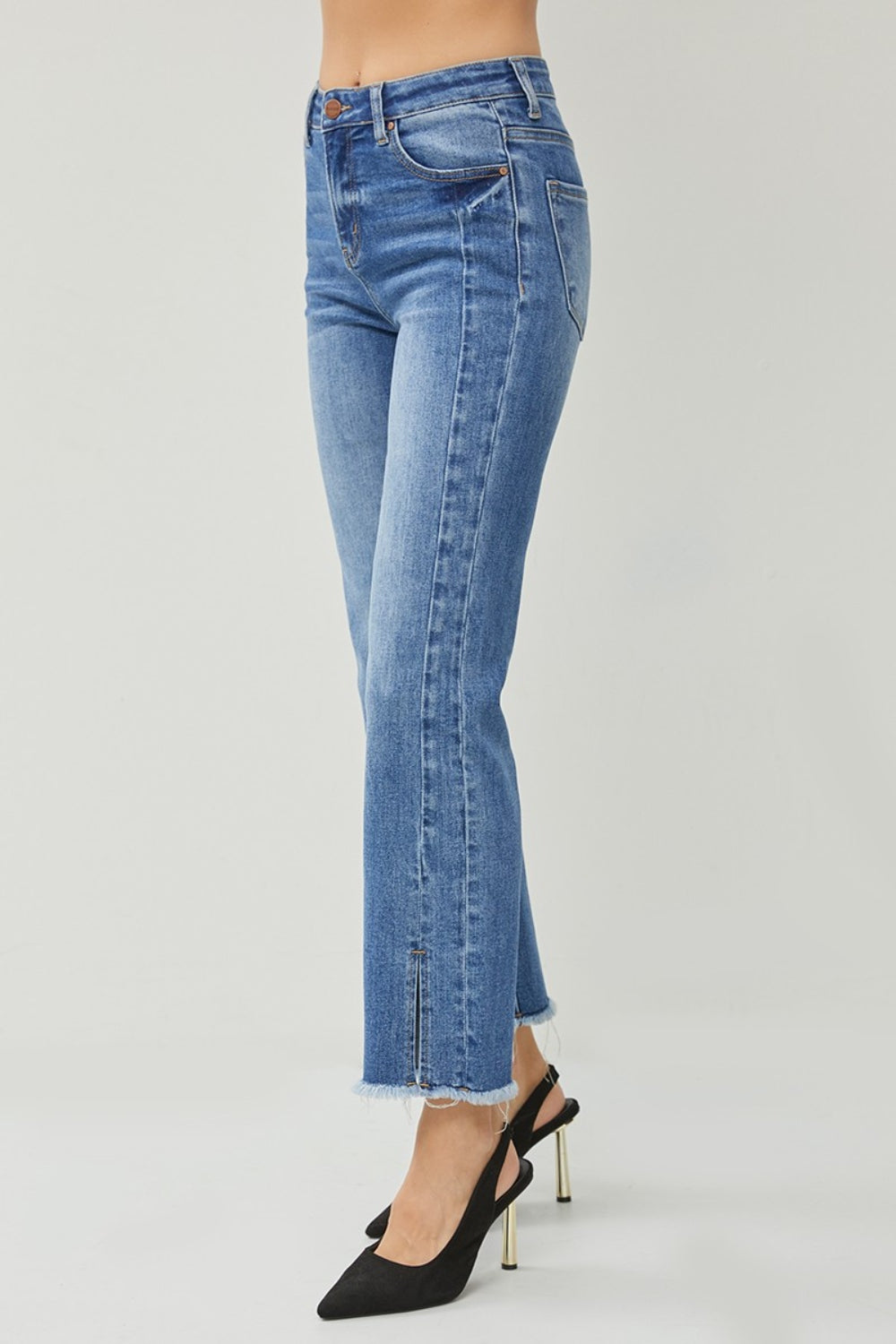 RISEN High Waist Raw Hem Slit Straight Jeans - FASHIONNOUVELLE