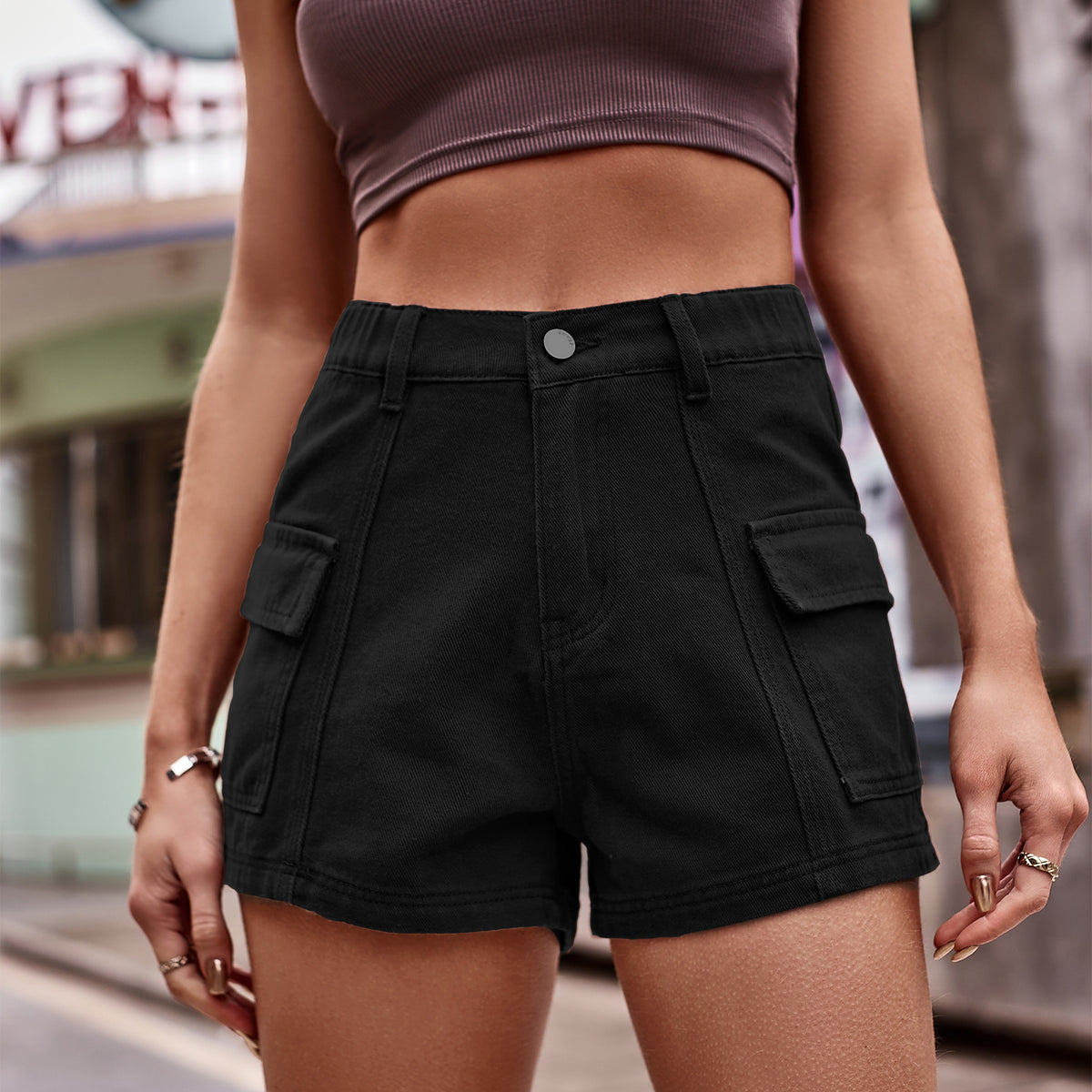 High-Waist Denim Shorts with Pockets - FASHIONNOUVELLE