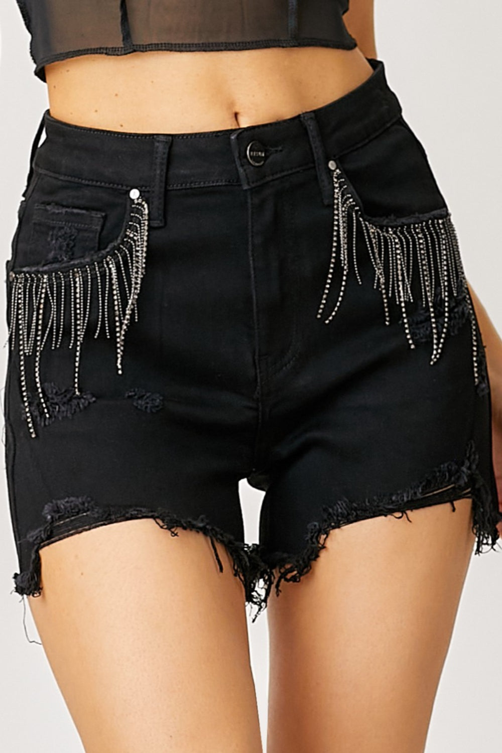 RISEN Frayed Hem Denim Shorts with Fringe Detail Pockets - FASHIONNOUVELLE