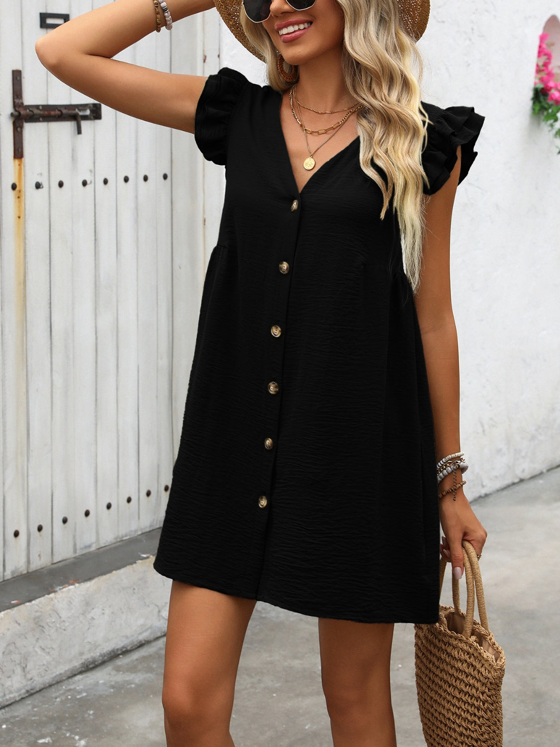 Button Up V-Neck Cap Sleeve Mini Dress - FASHIONNOUVELLE