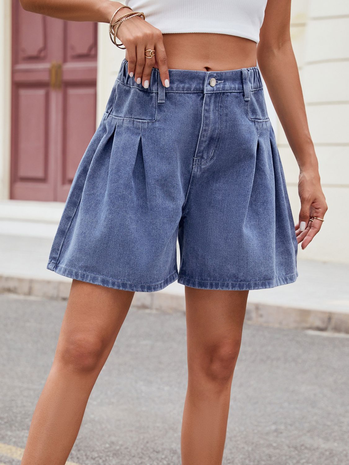 Ruched Half Elastic Waist Denim Shorts - FASHIONNOUVELLE