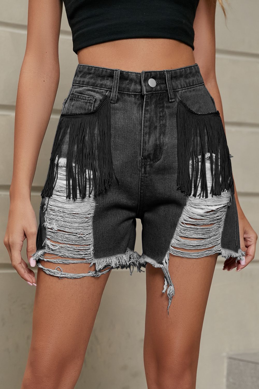 Fringe Trim Distressed Denim Shorts with Pockets - FASHIONNOUVELLE