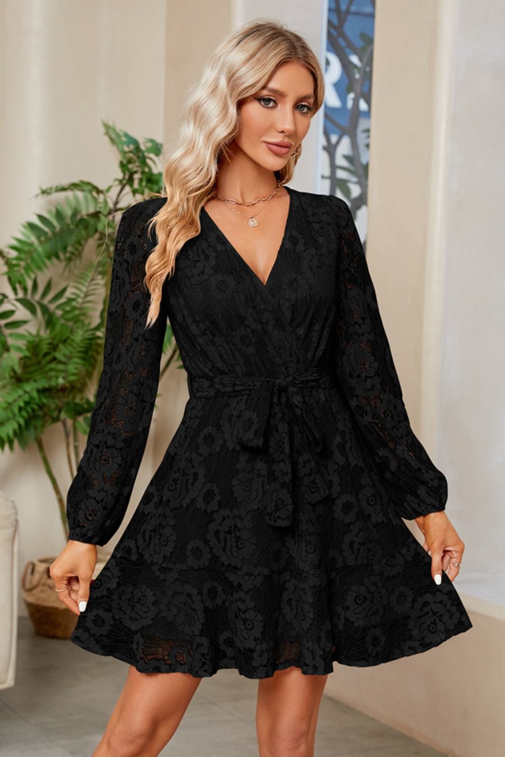 Surplice Lace Long Sleeve Mini Dress - FASHIONNOUVELLE