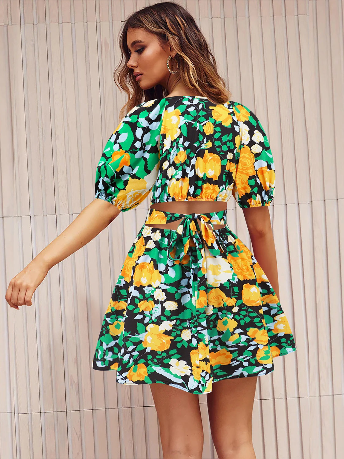 Printed Surplice Short Sleeve Dress - FASHIONNOUVELLE