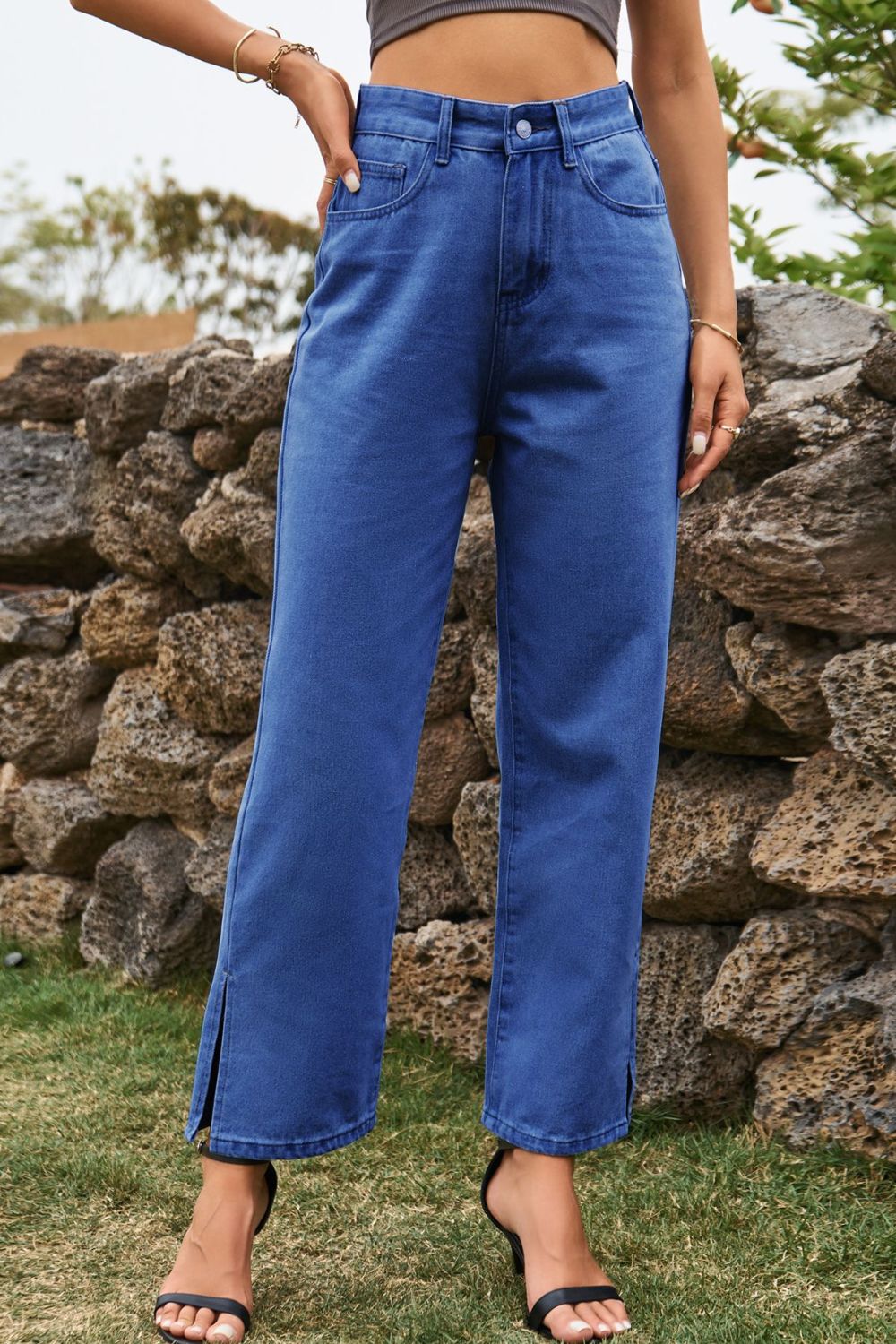 High Waist Loose Fit Ankle Slit Jeans - FASHIONNOUVELLE