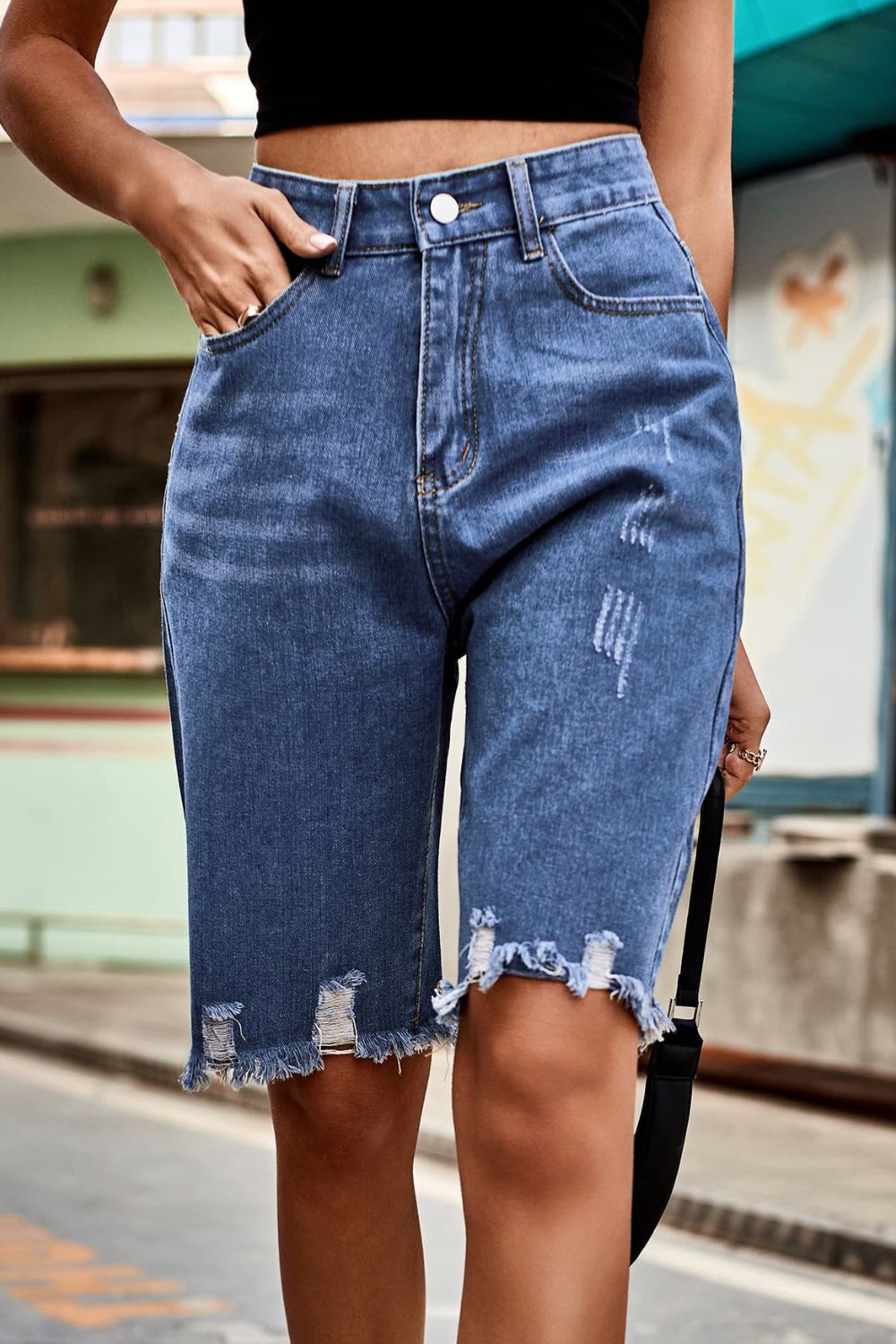 Raw Hem High Waist Denim Shorts with Pockets - FASHIONNOUVELLE