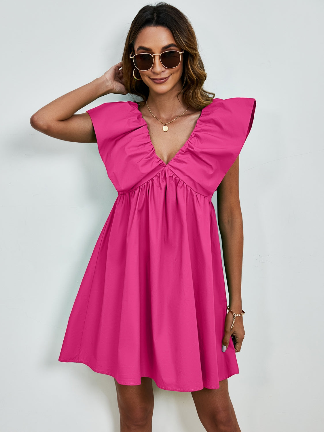 V-Neck Cap Sleeve Mini Dress - FASHIONNOUVELLE