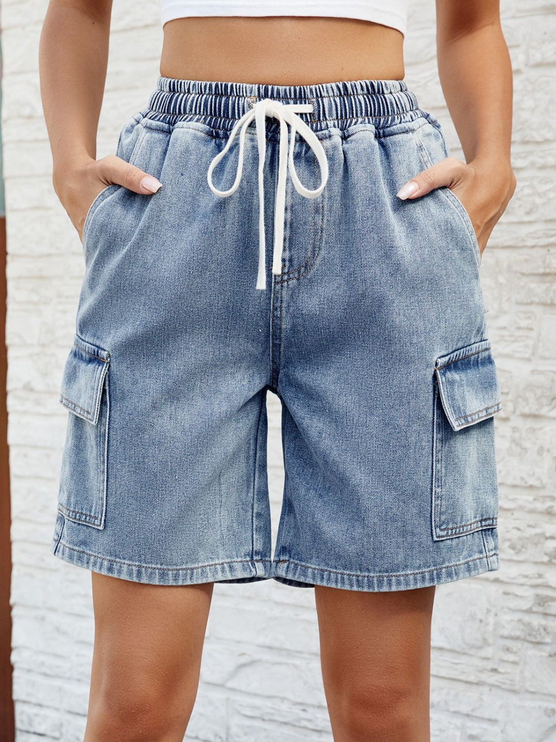 Drawstring Denim Shorts with Pockets - FASHIONNOUVELLE