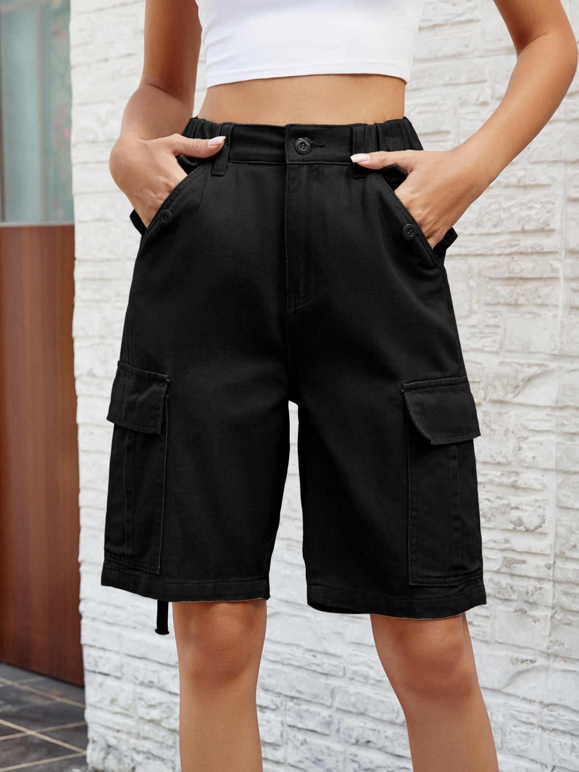 High Waist Denim Shorts with Pockets - FASHIONNOUVELLE