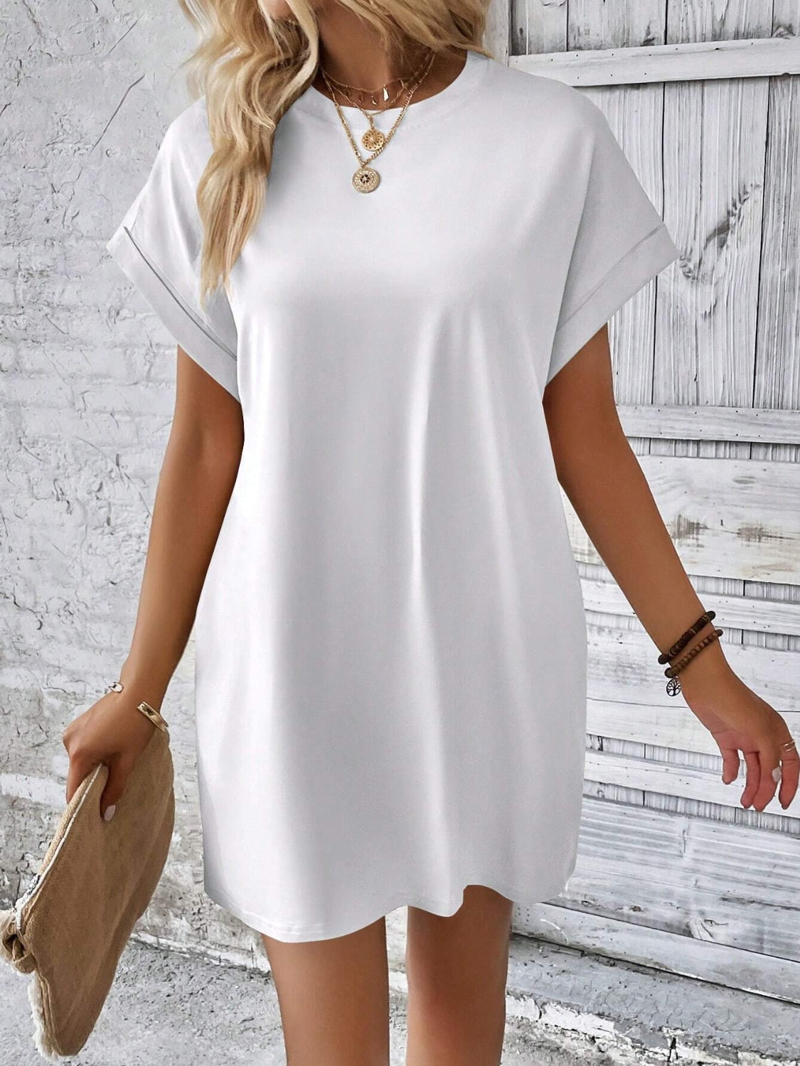 Round Neck Short Sleeve Mini Dress - FASHIONNOUVELLE