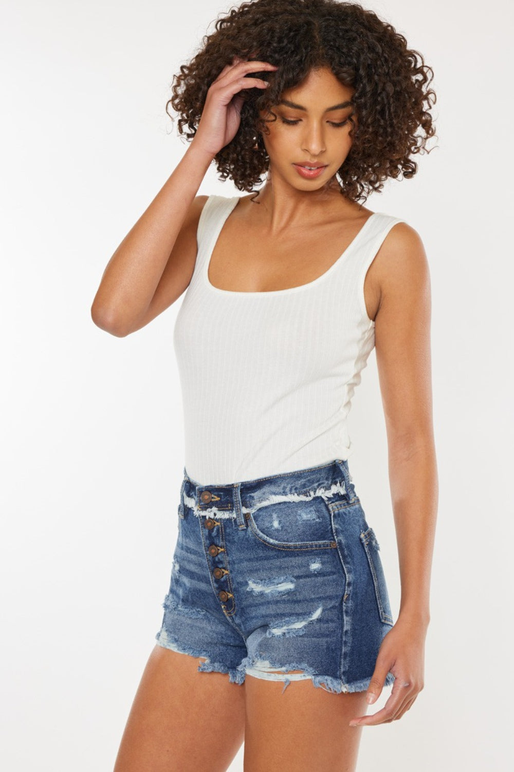 Kancan Distressed Button Fly Denim Shorts - FASHIONNOUVELLE