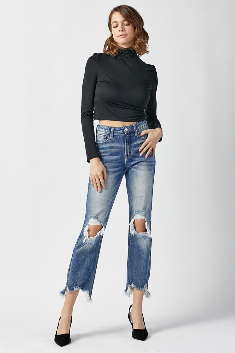 RISEN High Waist Distressed Frayed Hem Cropped Straight Jeans - FASHIONNOUVELLE