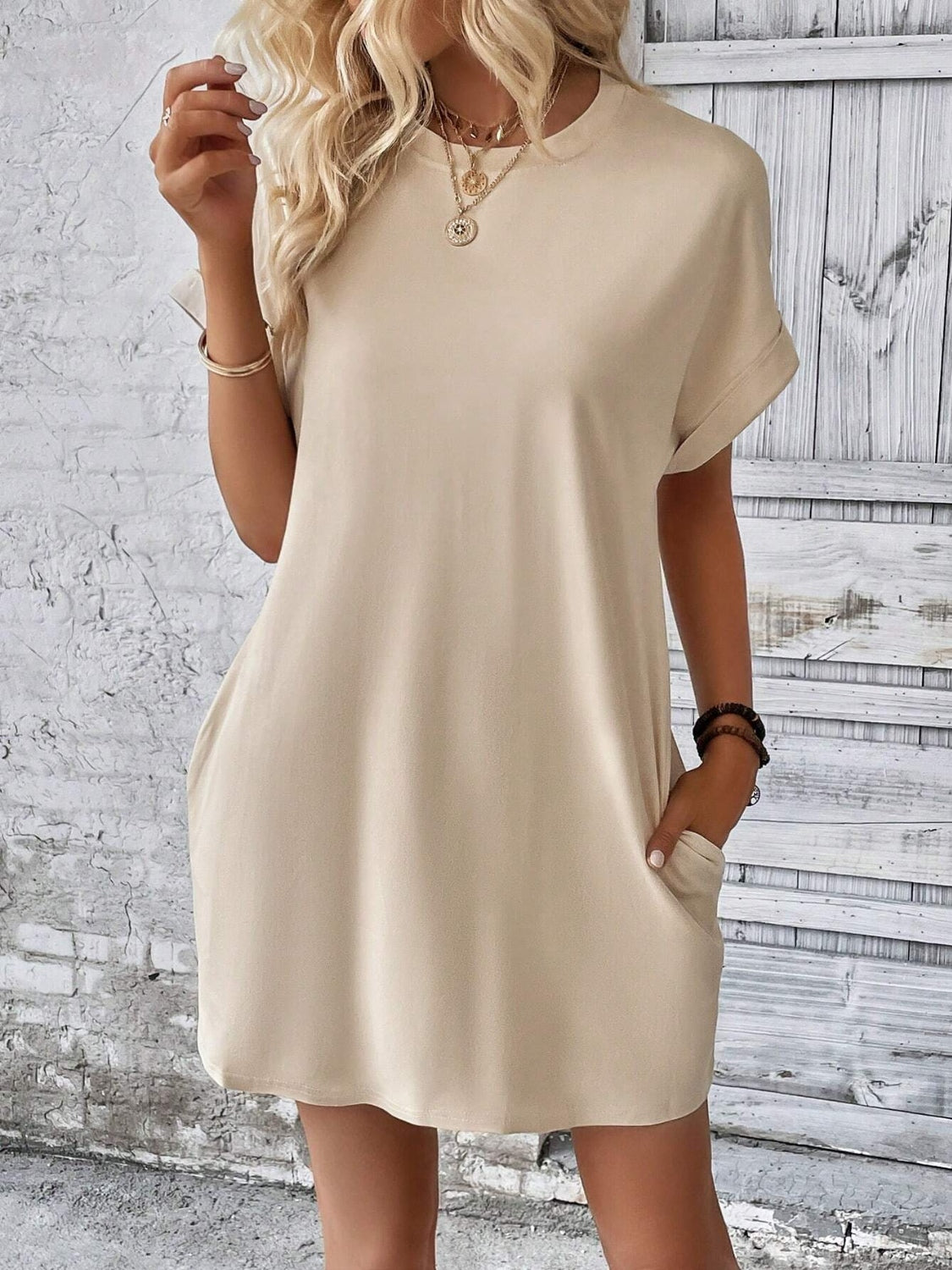 Round Neck Short Sleeve Mini Dress - FASHIONNOUVELLE