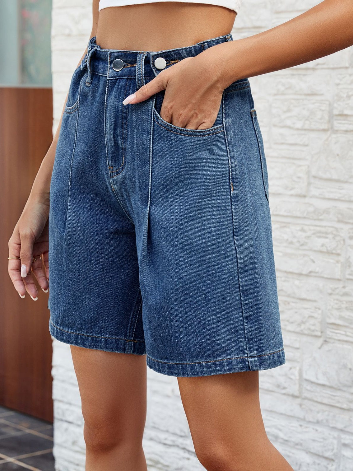 High Waist Denim Shorts with Pockets - FASHIONNOUVELLE