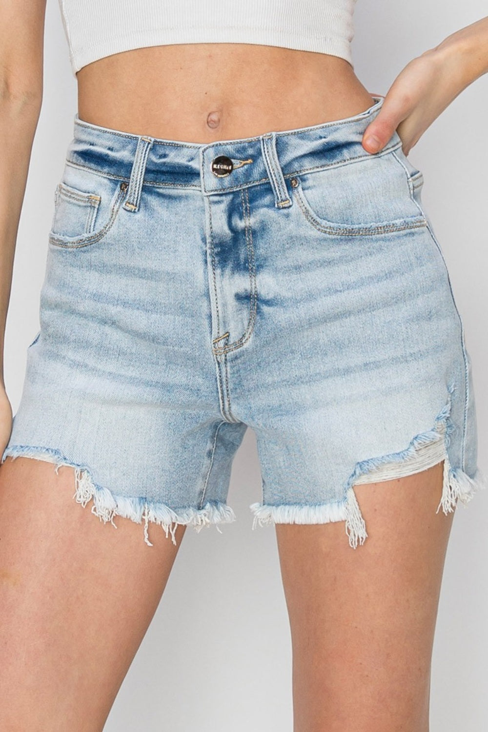 RISEN High Waist Frayed Detail Denim Shorts - FASHIONNOUVELLE