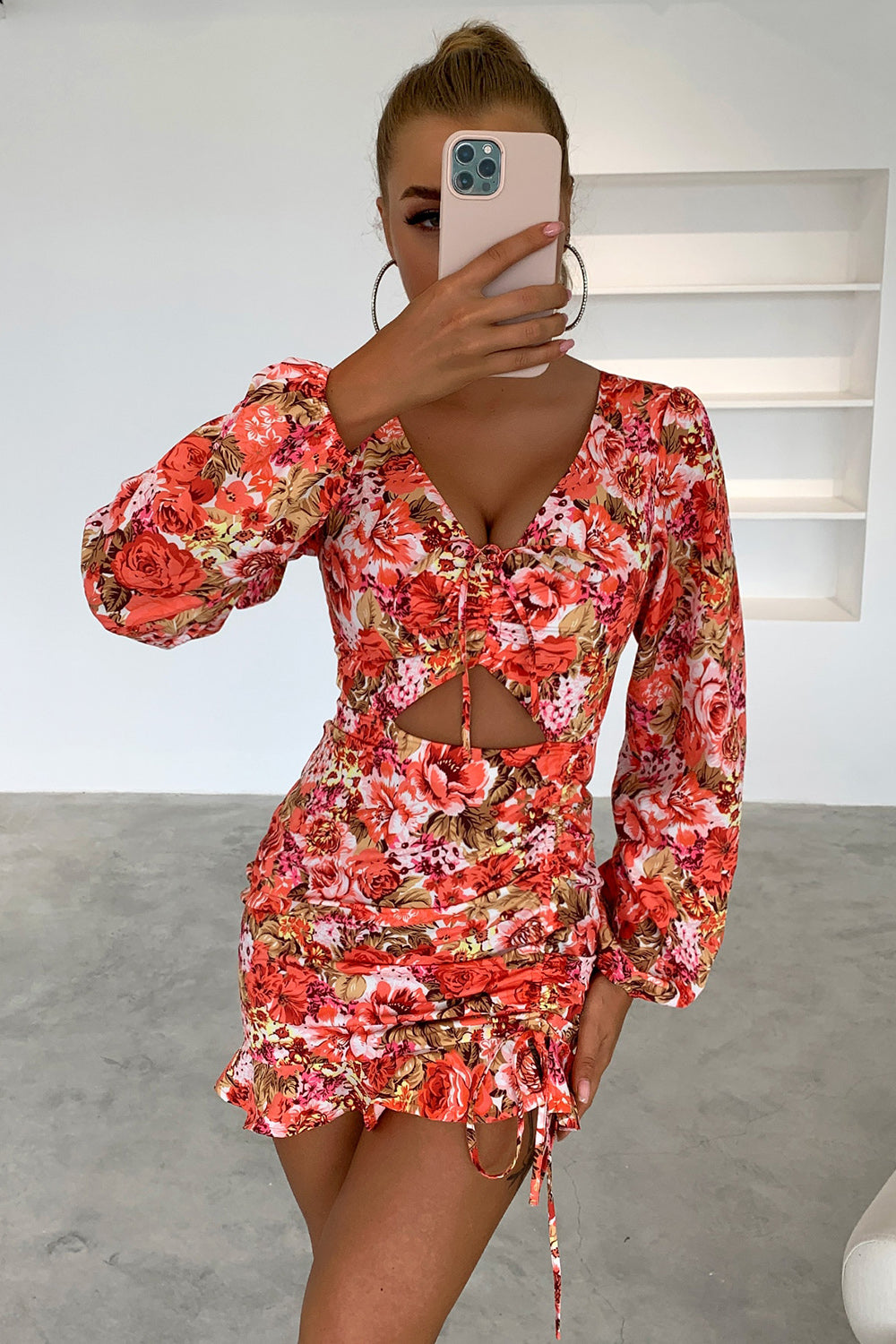 Floral Cutout Long Sleeve Mini Dress - FASHIONNOUVELLE