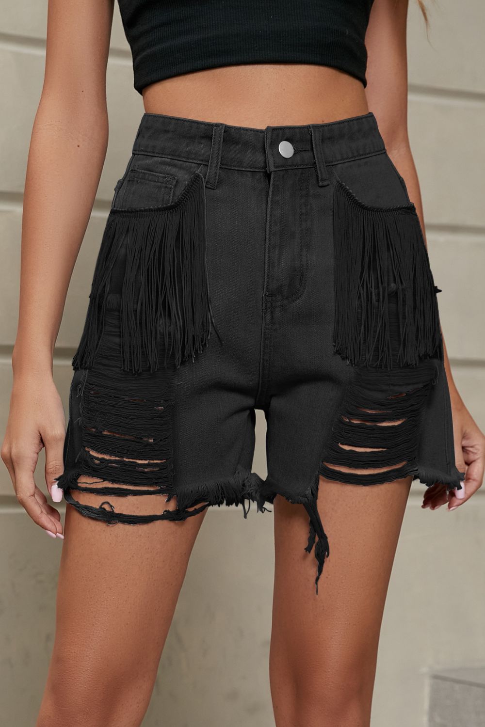 Fringe Trim Distressed Denim Shorts with Pockets - FASHIONNOUVELLE