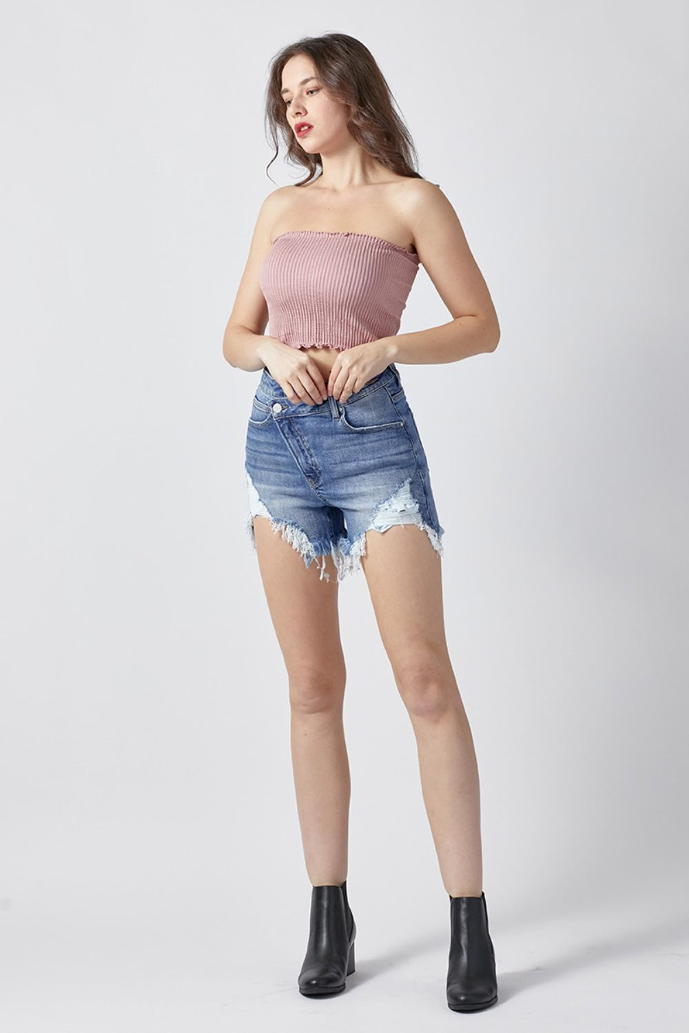 RISEN Raw Hem Asymmetrical Waist Denim Shorts - FASHIONNOUVELLE