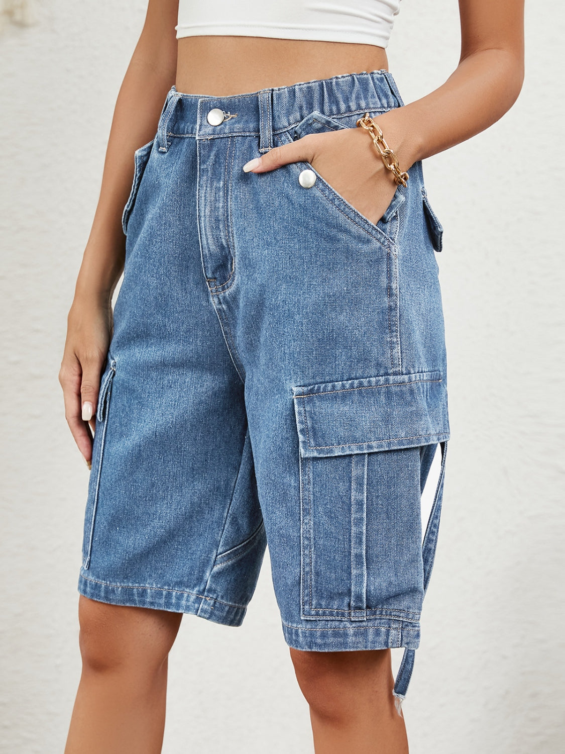 Buttoned Elastic Waist Denim Shorts with Pockets - FASHIONNOUVELLE