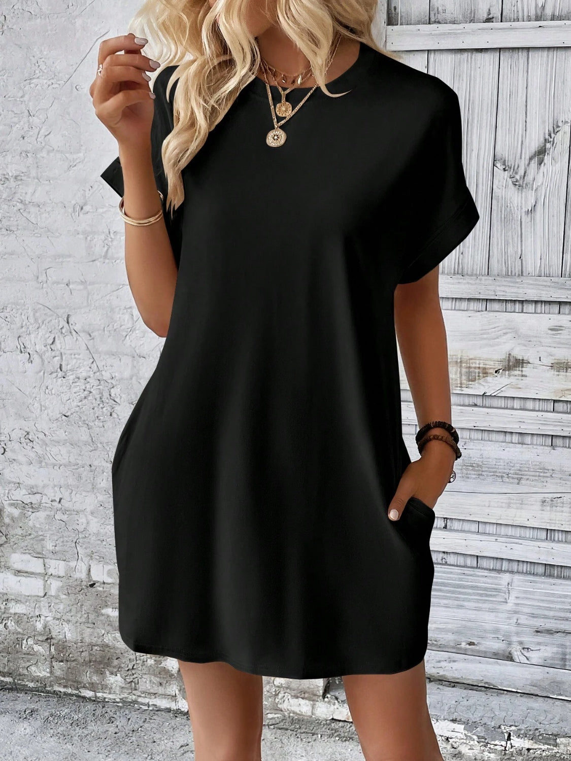 Round Neck Short Sleeve Mini Dress - FASHIONNOUVELLE