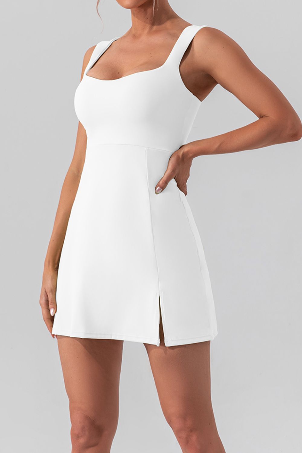 Square Neck Sleeveless Slit Mini Active Dress - FASHIONNOUVELLE