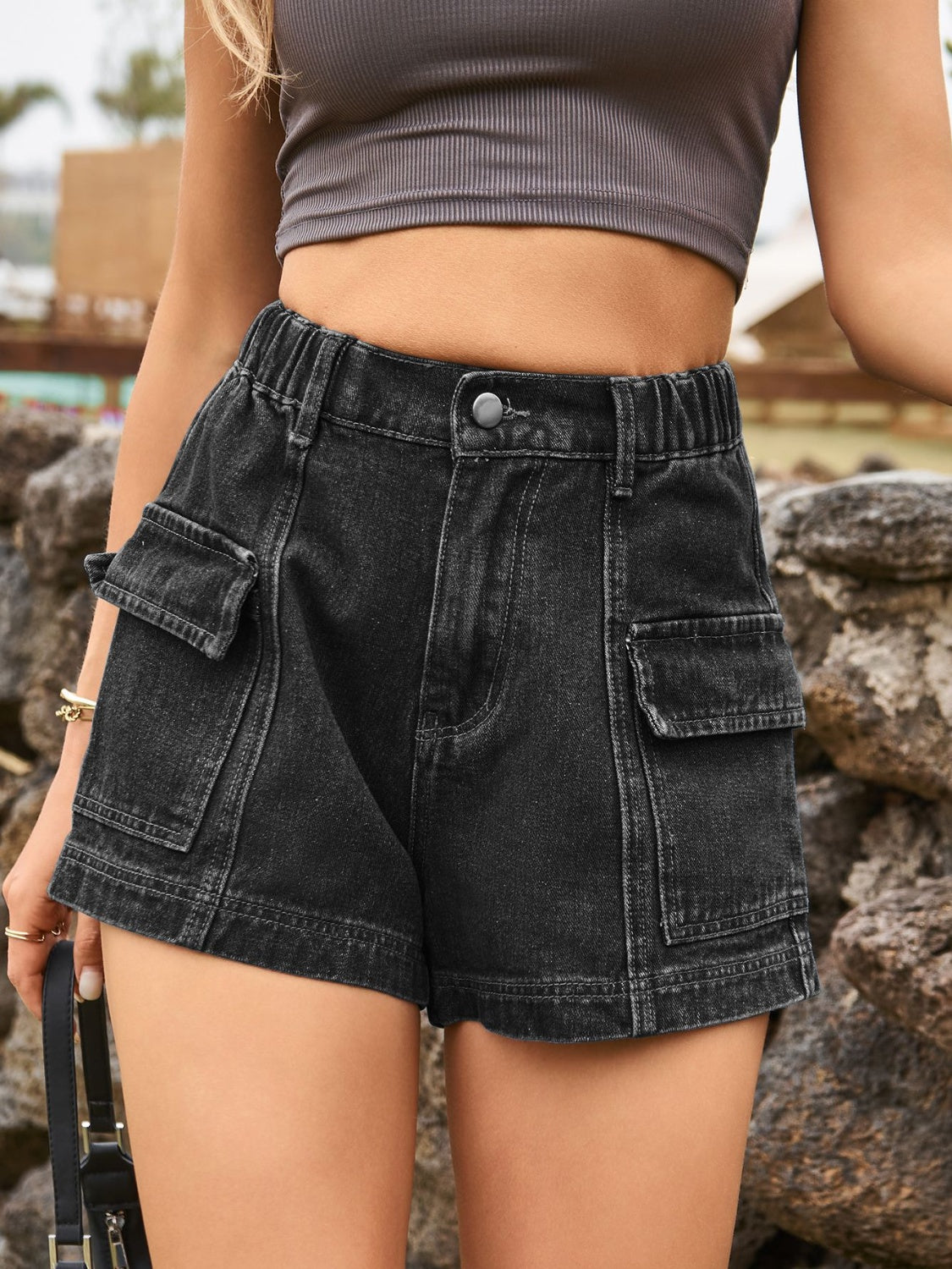 High Waist Denim Shorts with Pockets - FASHIONNOUVELLE