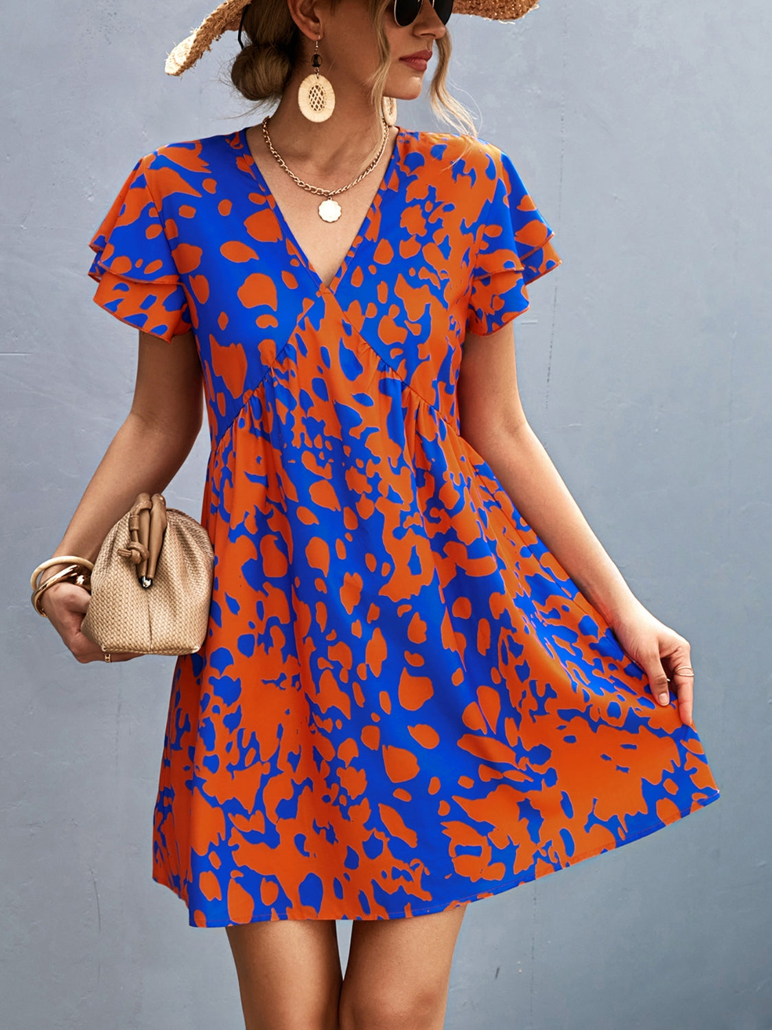 Ruffled Printed V-Neck Short Sleeve Mini Dress - FASHIONNOUVELLE