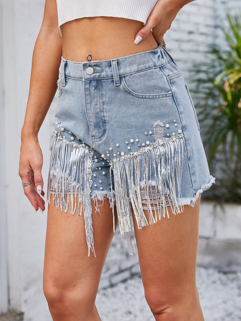 Distressed Pearl Trim Denim Shorts with Pockets - FASHIONNOUVELLE