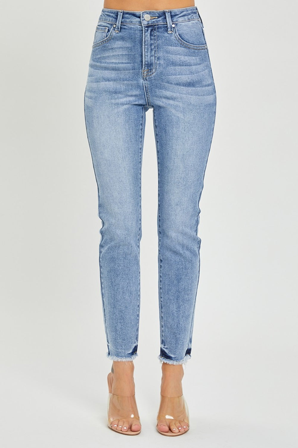 RISEN Full Size High Rise Frayed Hem Skinny Jeans - FASHIONNOUVELLE