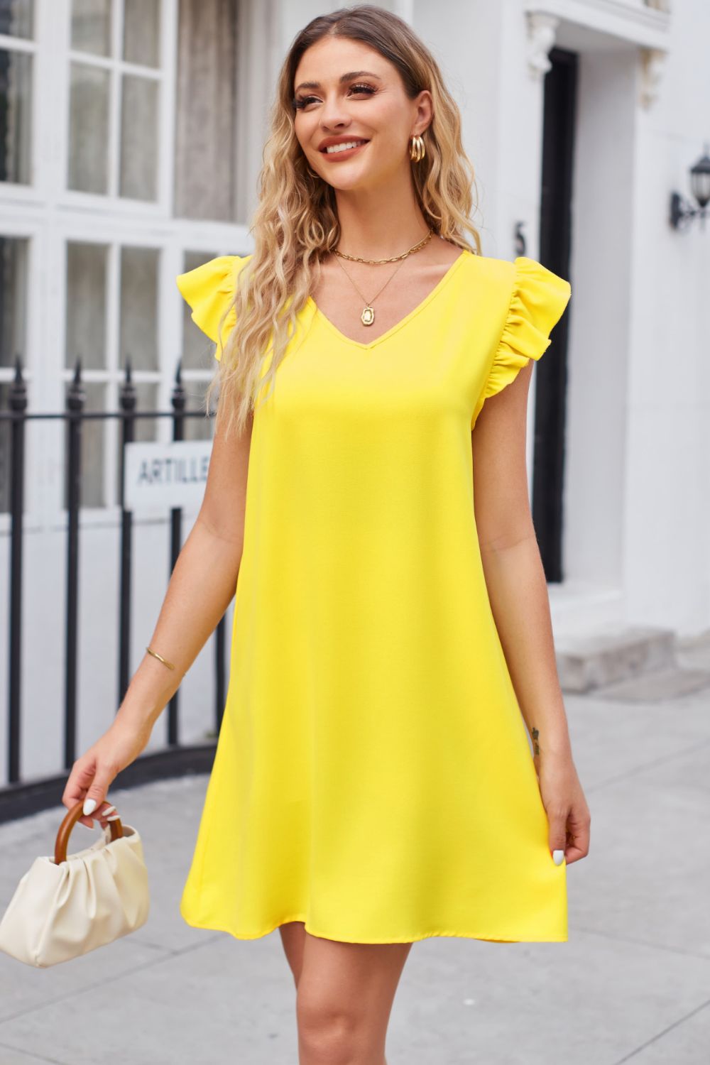 Ruffled V-Neck Flutter Sleeve Dress - FASHIONNOUVELLE