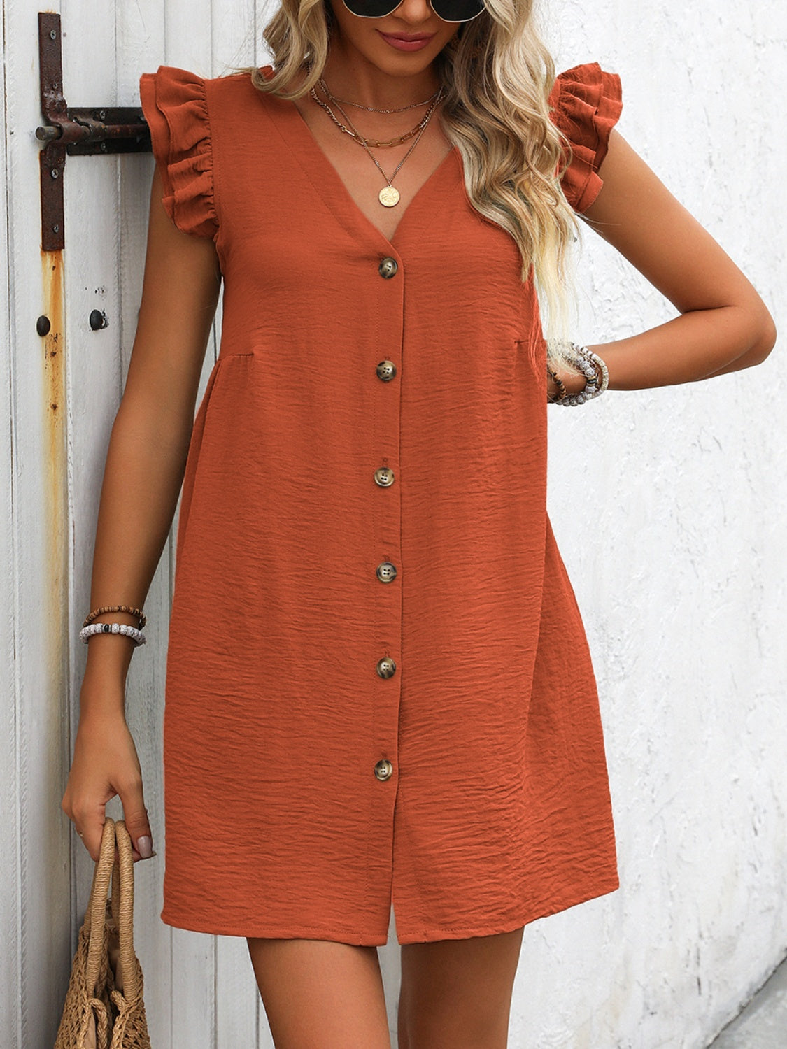 Button Up V-Neck Cap Sleeve Mini Dress - FASHIONNOUVELLE