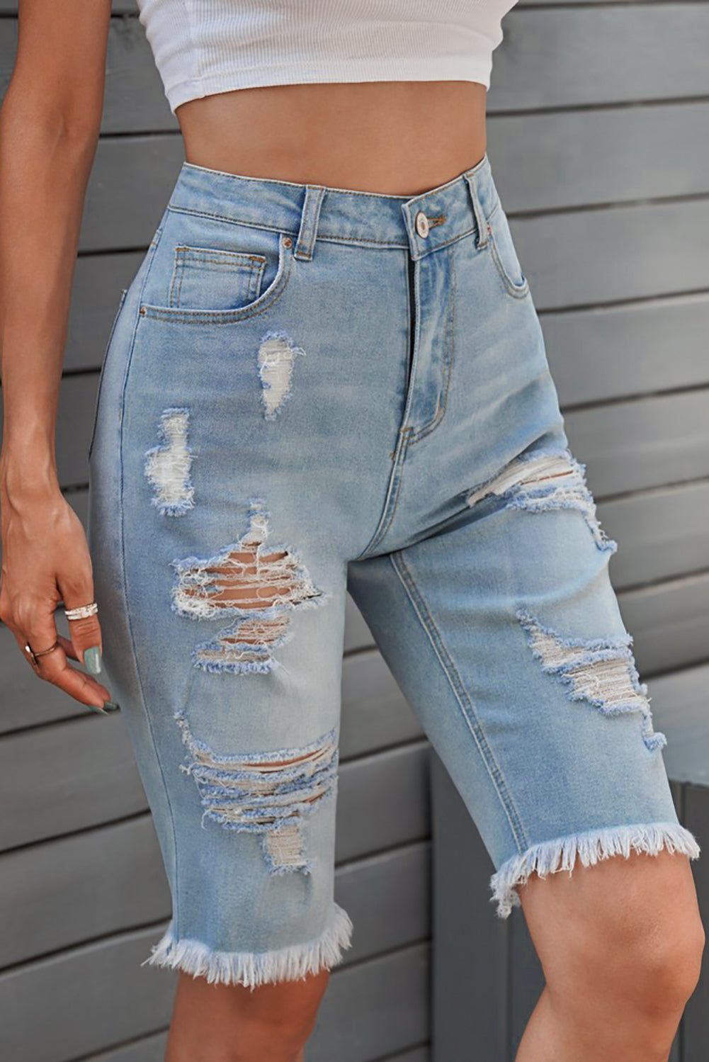 Distressed Raw Hem Denim Bermuda Shorts - FASHIONNOUVELLE