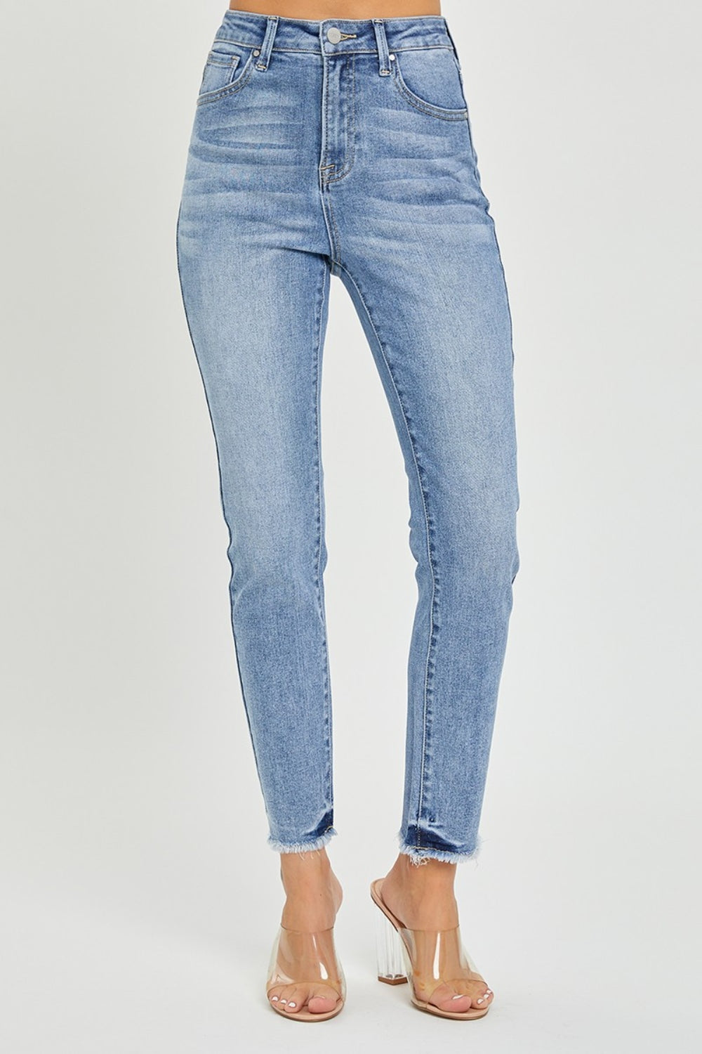 RISEN Full Size High Rise Frayed Hem Skinny Jeans - FASHIONNOUVELLE