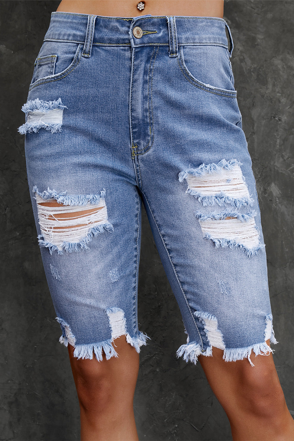 Distressed Frayed Hem Denim Bermuda Shorts - FASHIONNOUVELLE