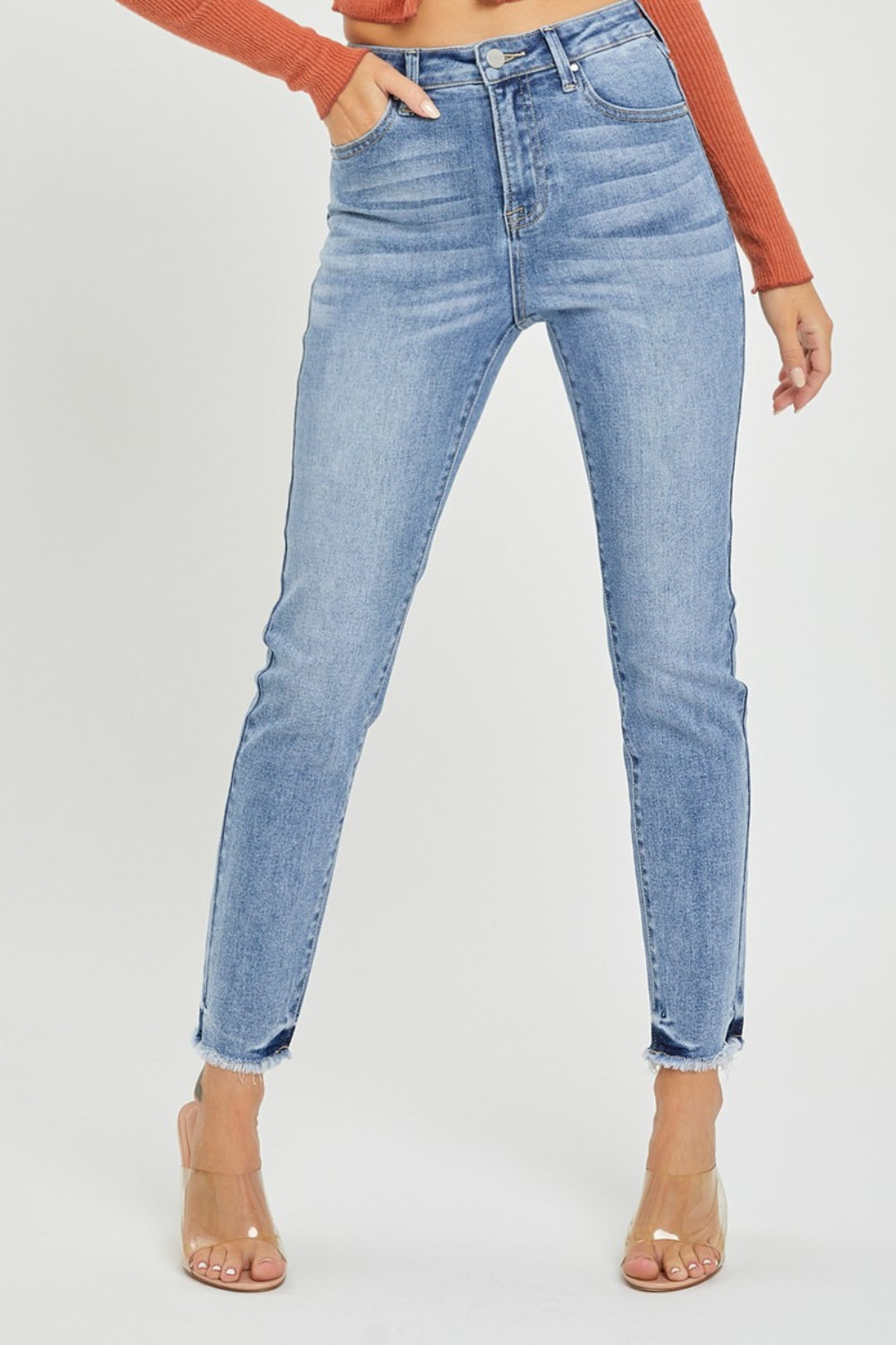 RISEN Full Size High Rise Frayed Hem Skinny Jeans - FASHIONNOUVELLE