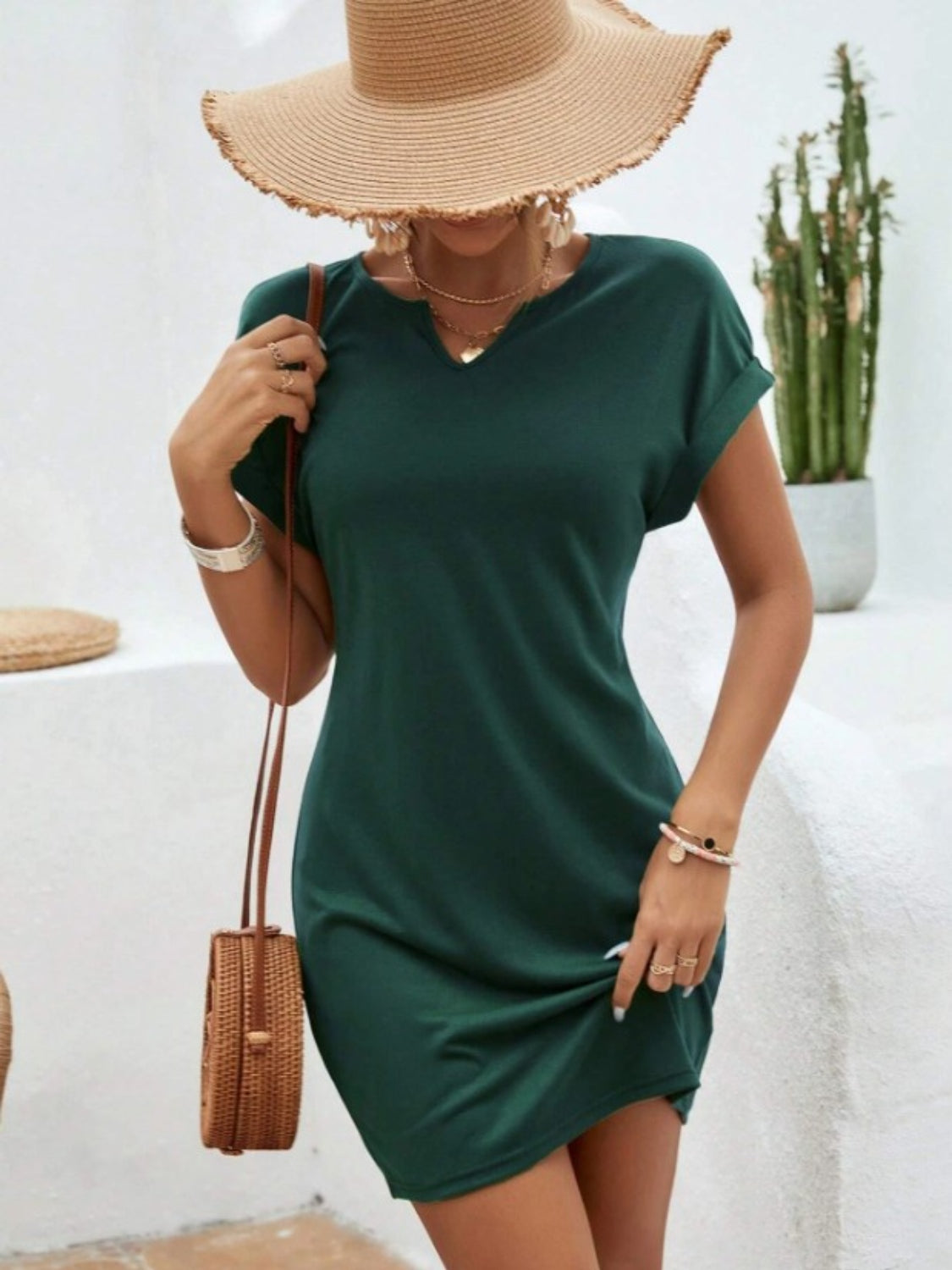 Notched Short Sleeve Mini Tee Dress - FASHIONNOUVELLE