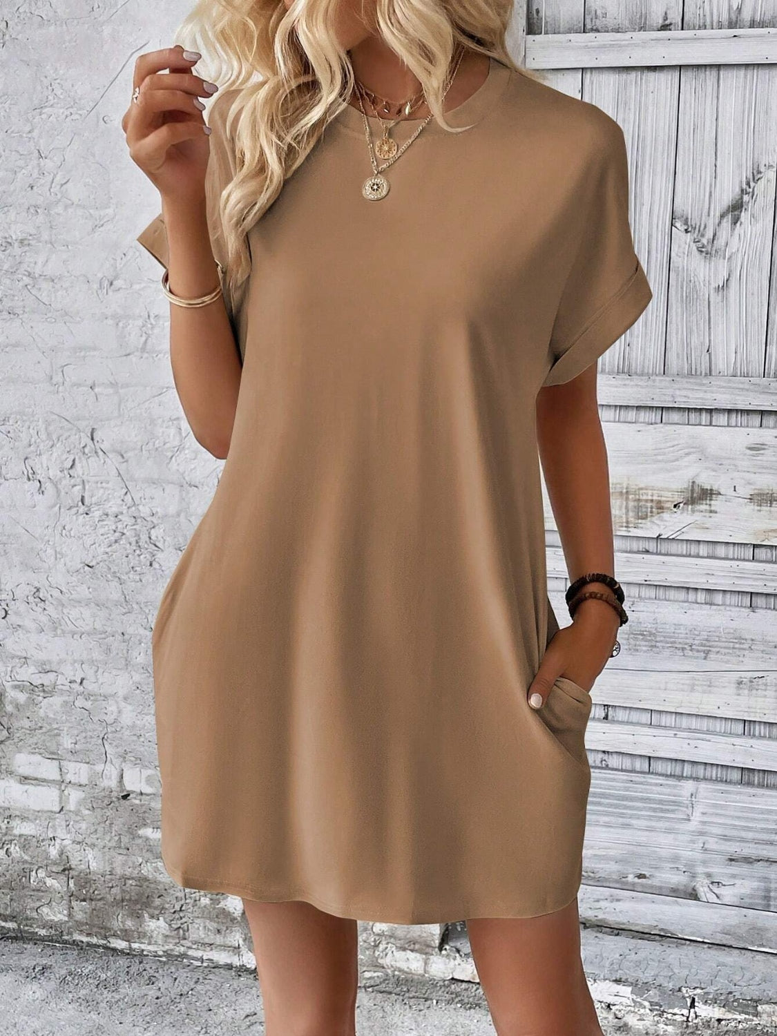 Round Neck Short Sleeve Mini Dress - FASHIONNOUVELLE