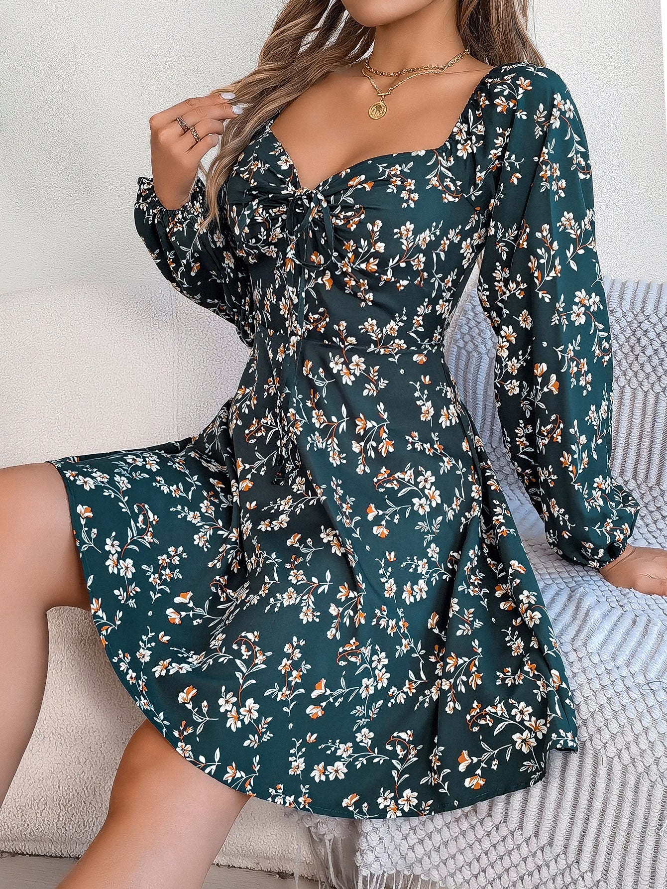 Fashion Floral Print Lantern Sleeve Dress Casual Sexy