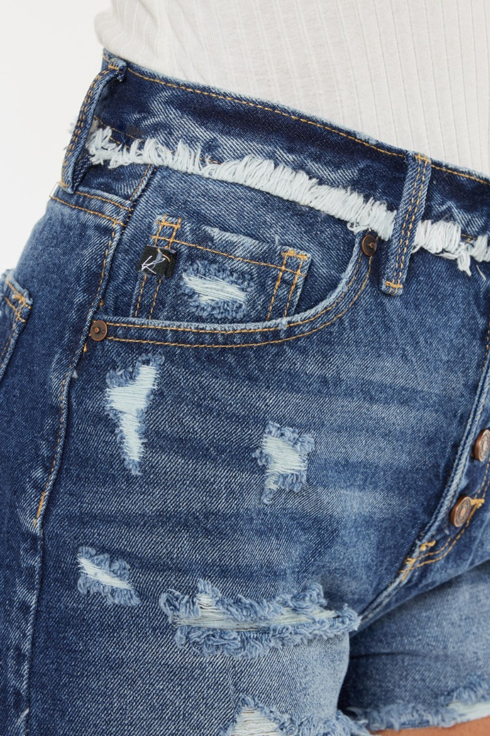 Kancan Distressed Button Fly Denim Shorts - FASHIONNOUVELLE