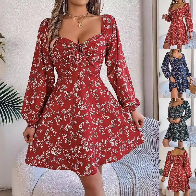 Fashion Floral Print Lantern Sleeve Dress Casual Sexy