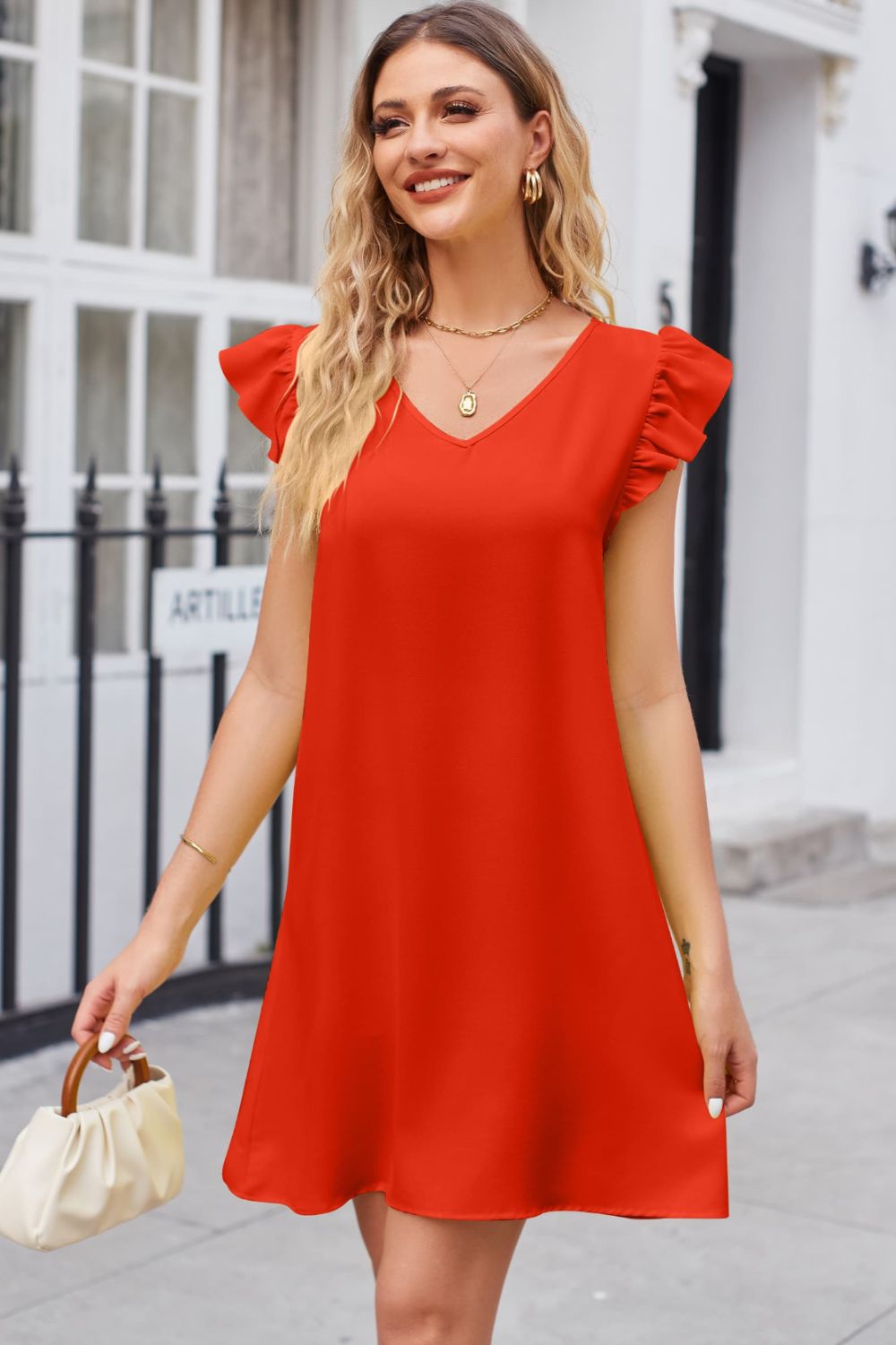 Ruffled V-Neck Flutter Sleeve Dress - FASHIONNOUVELLE