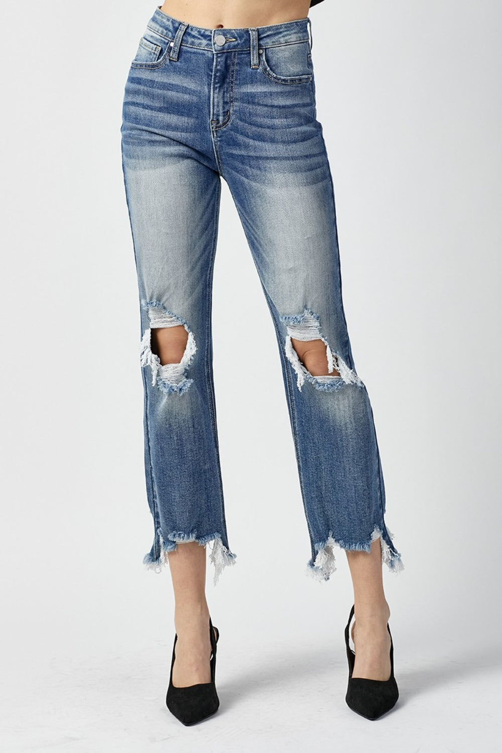 RISEN High Waist Distressed Frayed Hem Cropped Straight Jeans - FASHIONNOUVELLE