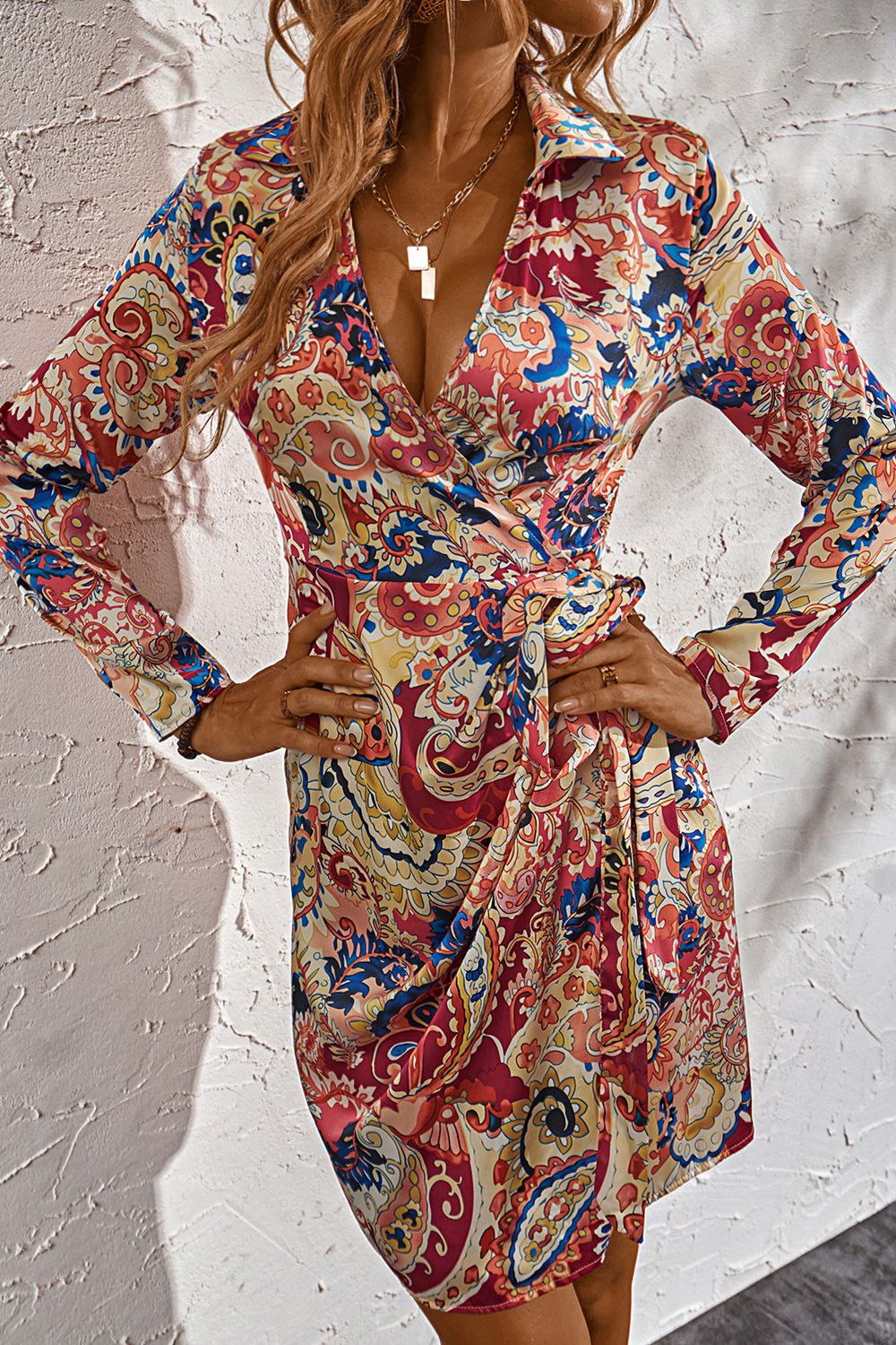 Printed Surplice Neck Long Sleeve Mini Dress - FASHIONNOUVELLE