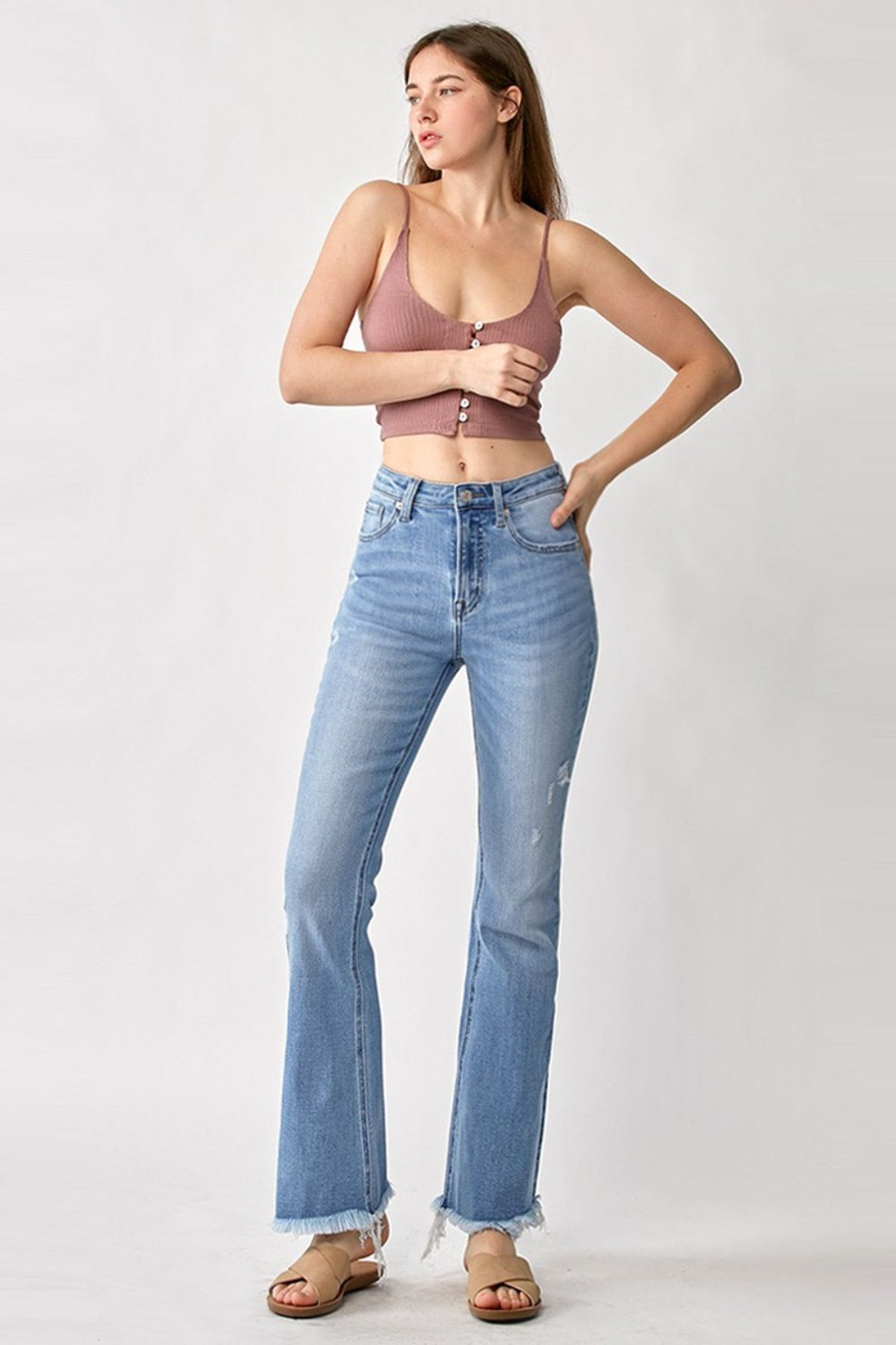 RISEN High Rise Frayed Hem Bootcut Jeans - FASHIONNOUVELLE